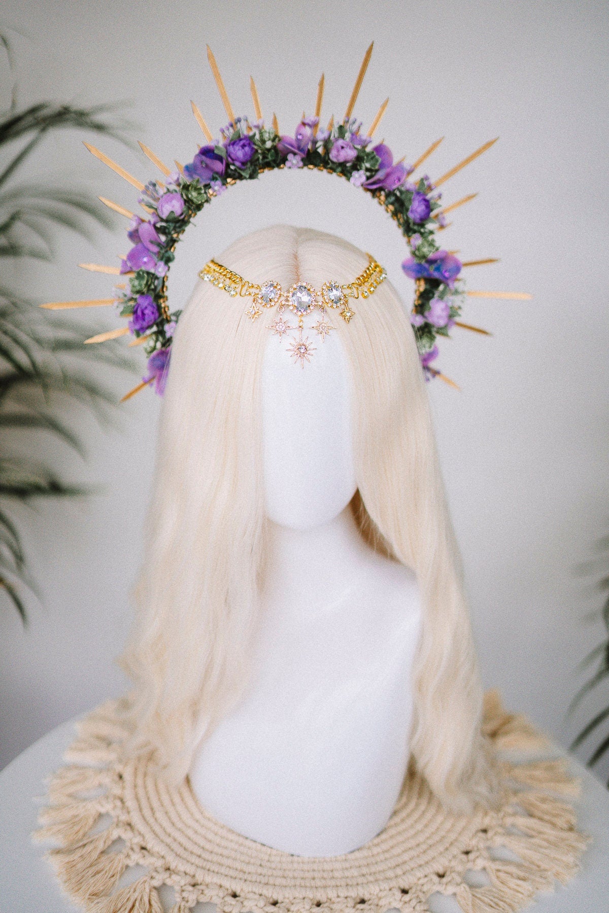 SALE Purple flower halo crown, Purple crown, Purple flower crown, Gold halo crown, Goddess crown, Flower headband, Flower headpiece