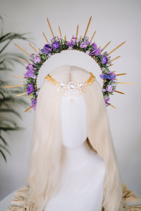 SALE Purple flower halo crown, Purple crown, Purple flower crown, Gold halo crown, Goddess crown, Flower headband, Flower headpiece