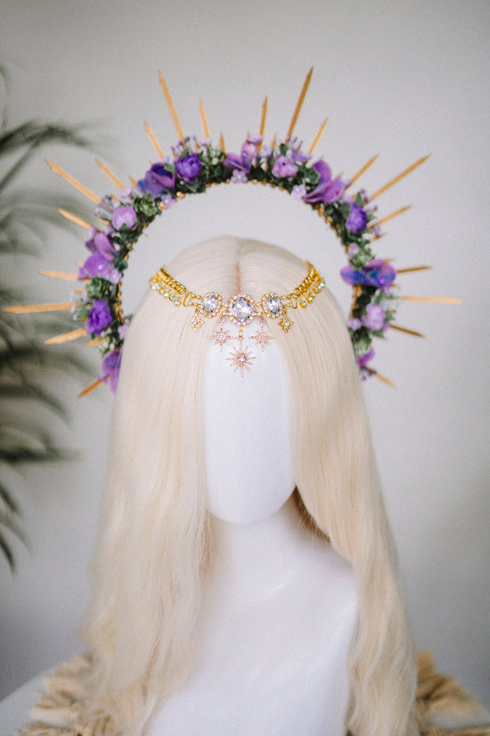 SALE Purple flower halo crown, Purple crown, Purple flower crown, Gold halo crown, Goddess crown, Flower headband, Flower headpiece