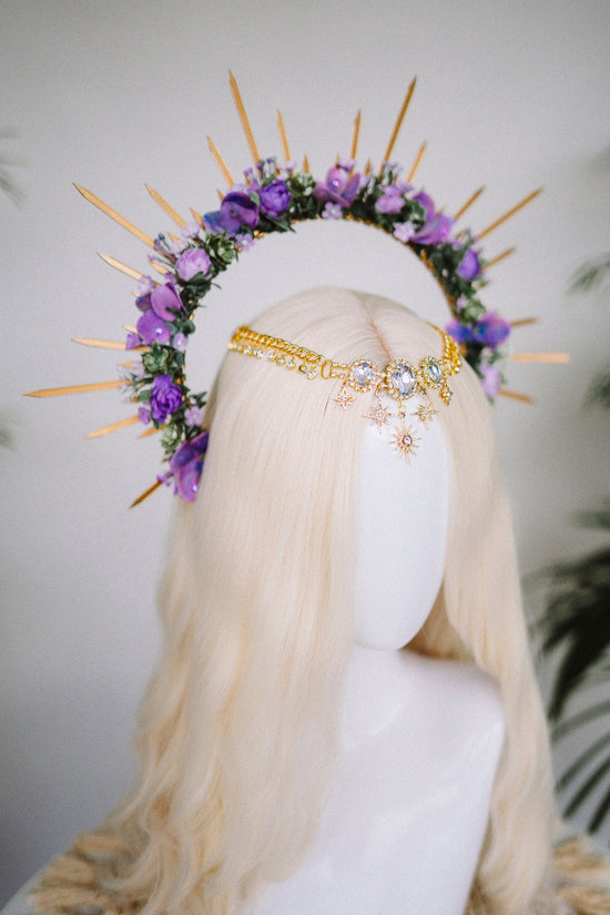 SALE Purple flower halo crown, Purple crown, Purple flower crown, Gold halo crown, Goddess crown, Flower headband, Flower headpiece