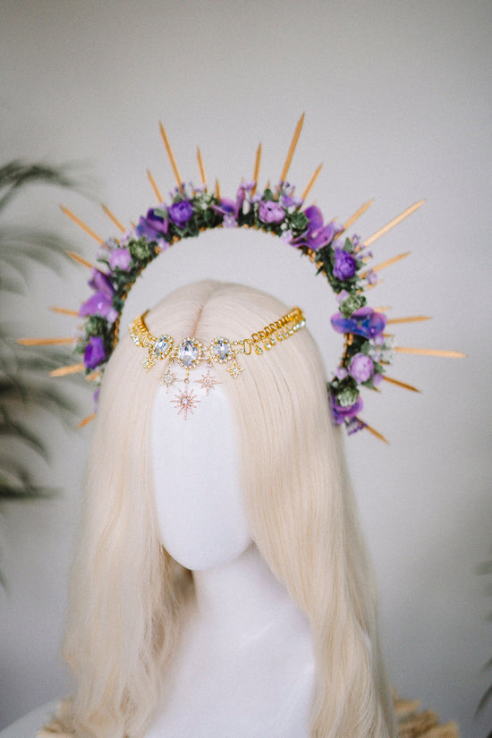 SALE Purple flower halo crown, Purple crown, Purple flower crown, Gold halo crown, Goddess crown, Flower headband, Flower headpiece