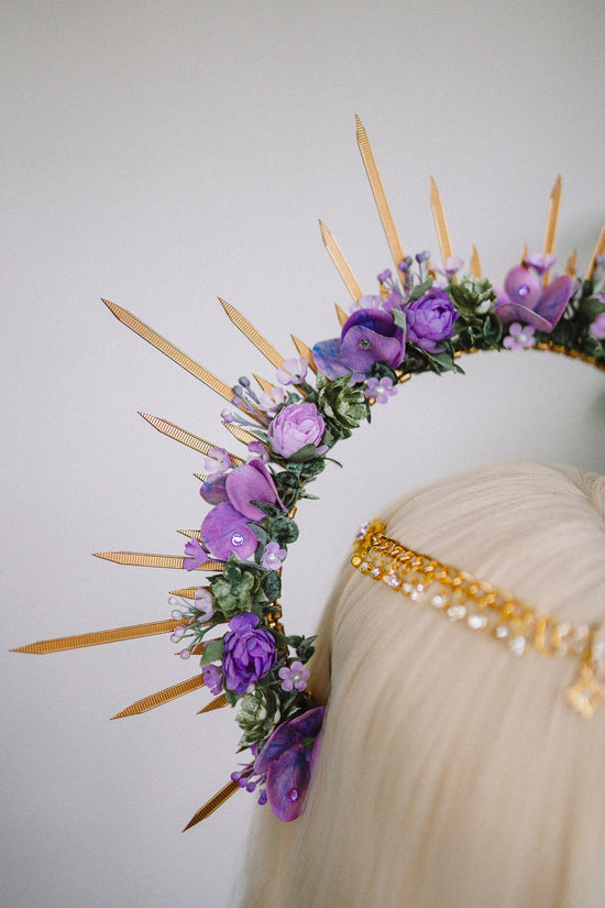 SALE Purple flower halo crown, Purple crown, Purple flower crown, Gold halo crown, Goddess crown, Flower headband, Flower headpiece