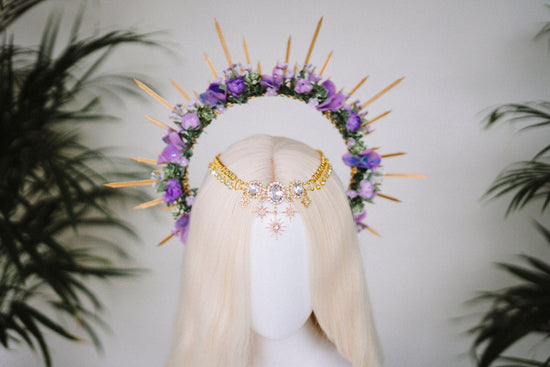 SALE Purple flower halo crown, Purple crown, Purple flower crown, Gold halo crown, Goddess crown, Flower headband, Flower headpiece