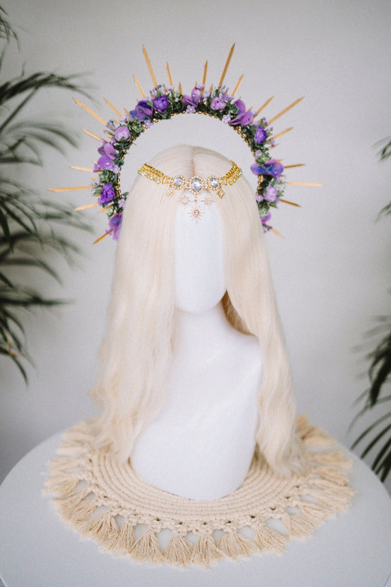 SALE Purple flower halo crown, Purple crown, Purple flower crown, Gold halo crown, Goddess crown, Flower headband, Flower headpiece