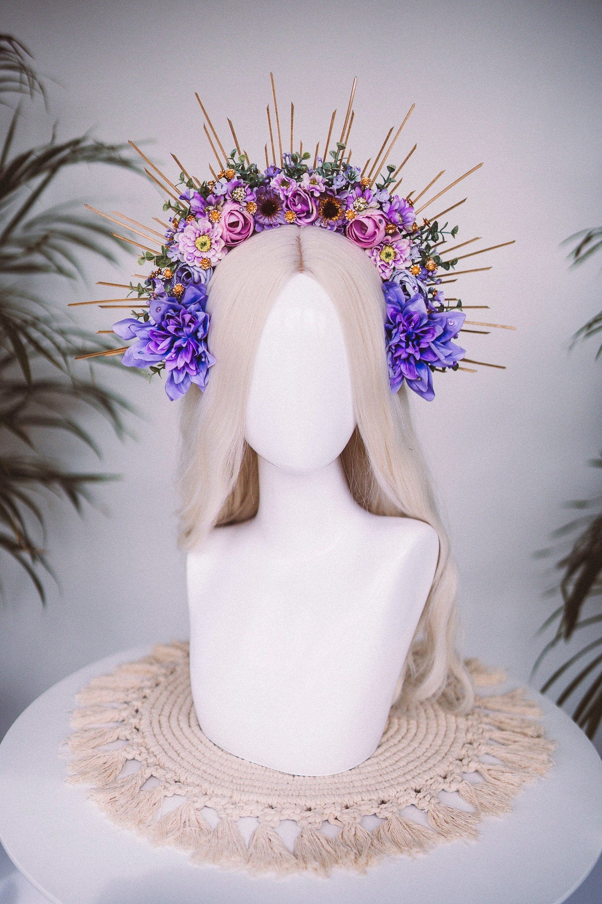 Purple flower halo crown, Purple crown, Purple flower crown, Gold halo crown, Goddess crown, Flower headband, Flower headpiece, Tiara