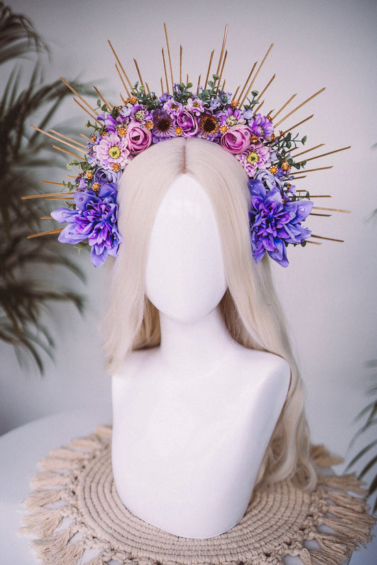 Purple flower halo crown, Purple crown, Purple flower crown, Gold halo crown, Goddess crown, Flower headband, Flower headpiece, Tiara