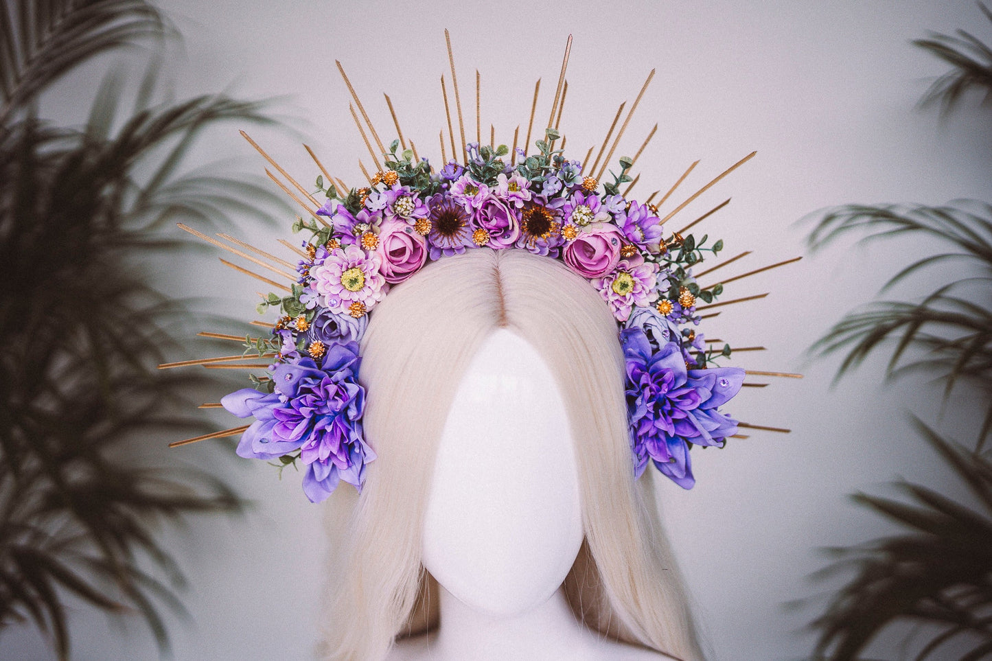 Purple flower halo crown, Purple crown, Purple flower crown, Gold halo crown, Goddess crown, Flower headband, Flower headpiece, Tiara