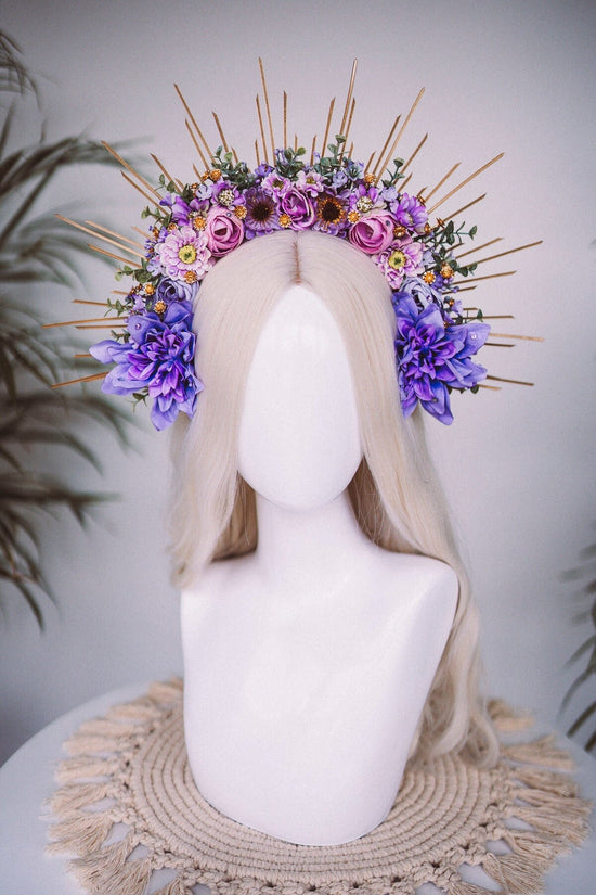 Purple flower halo crown, Purple crown, Purple flower crown, Gold halo crown, Goddess crown, Flower headband, Flower headpiece, Tiara