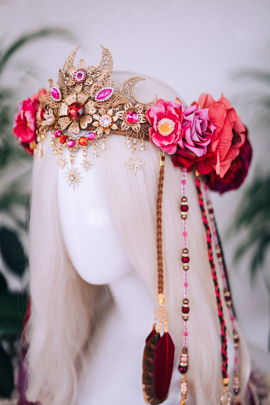 Boho crown, Festival crown, Festival headpiece, Feather crown, Bohemian fashion, Halloween, Pink Flower crown, Feather jewellery, Fairy