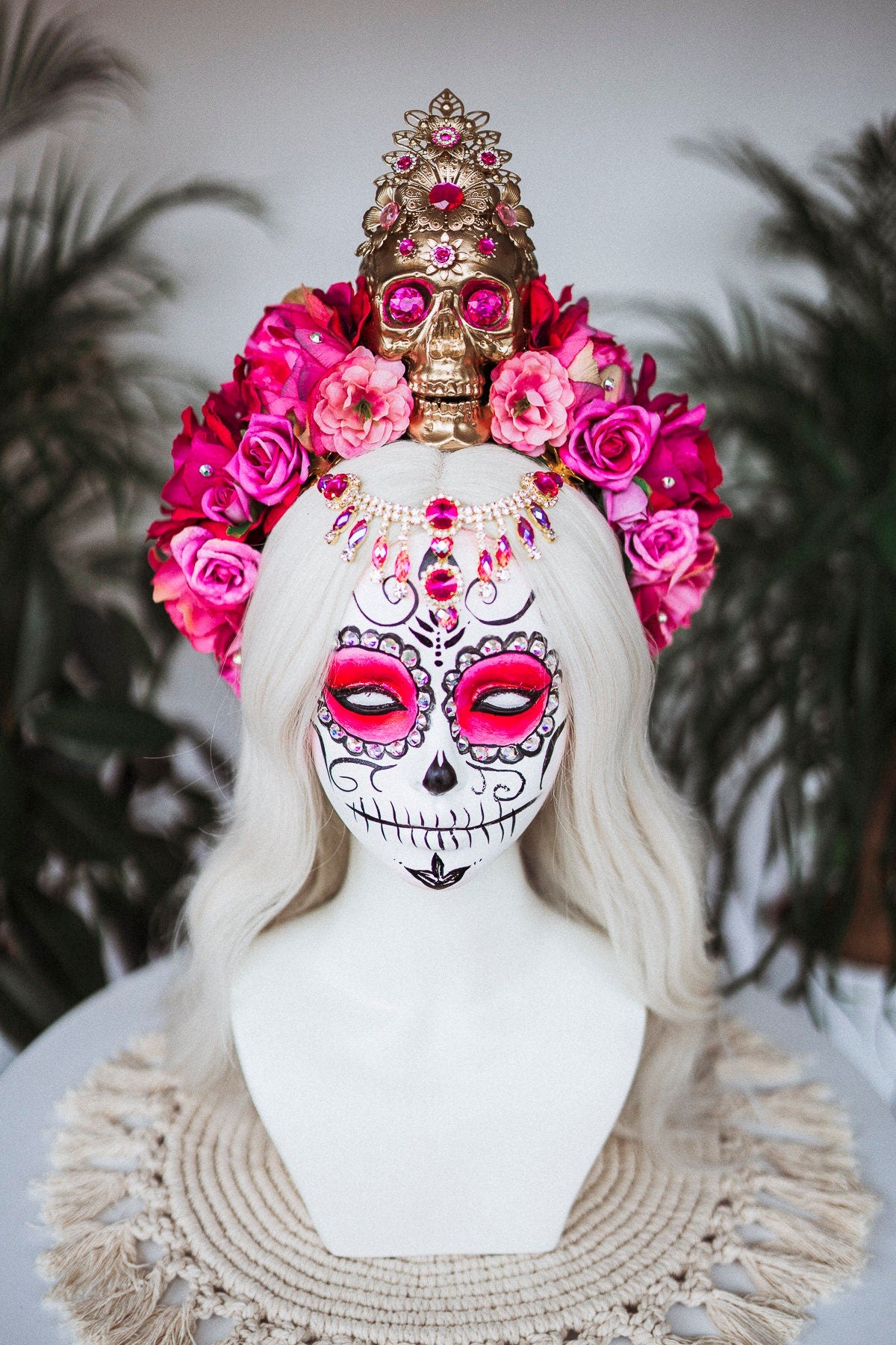 Pink flower crown, Gold halo crown, La Catrina crown, Halloween headband, Halloween costume, Halloween headpiece, Flower headpiece, Spooky