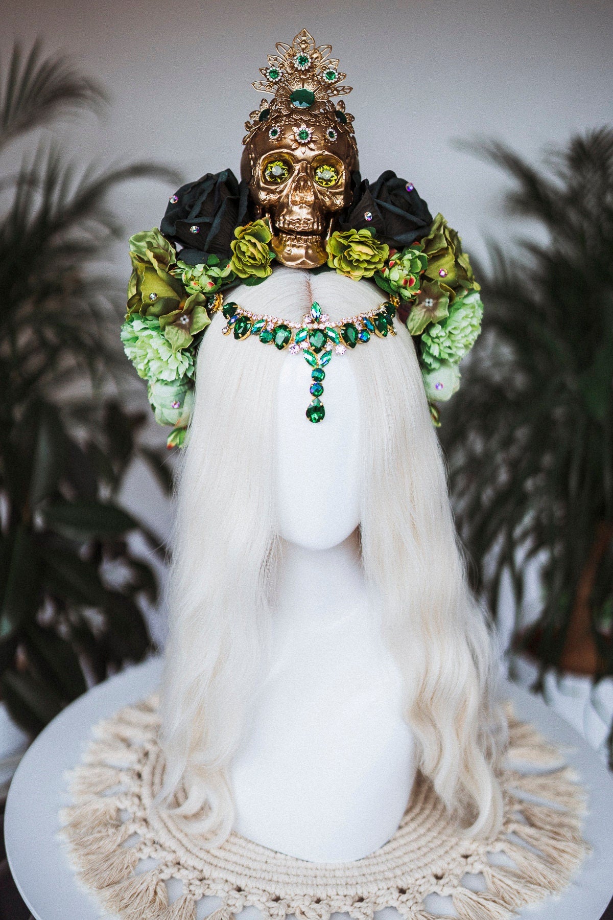 Green flower crown, Gold halo crown, La Catrina crown, Halloween headband, Halloween costume, Flower headpiece, Flower headpiece, Spooky