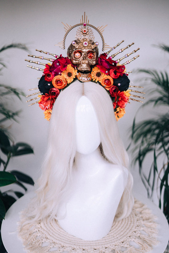 Red flower crown, Sugar skull, La Catrina flower crown, Halloween headband, Halloween costume, Flower headpiece, Day of the Dead headpiece