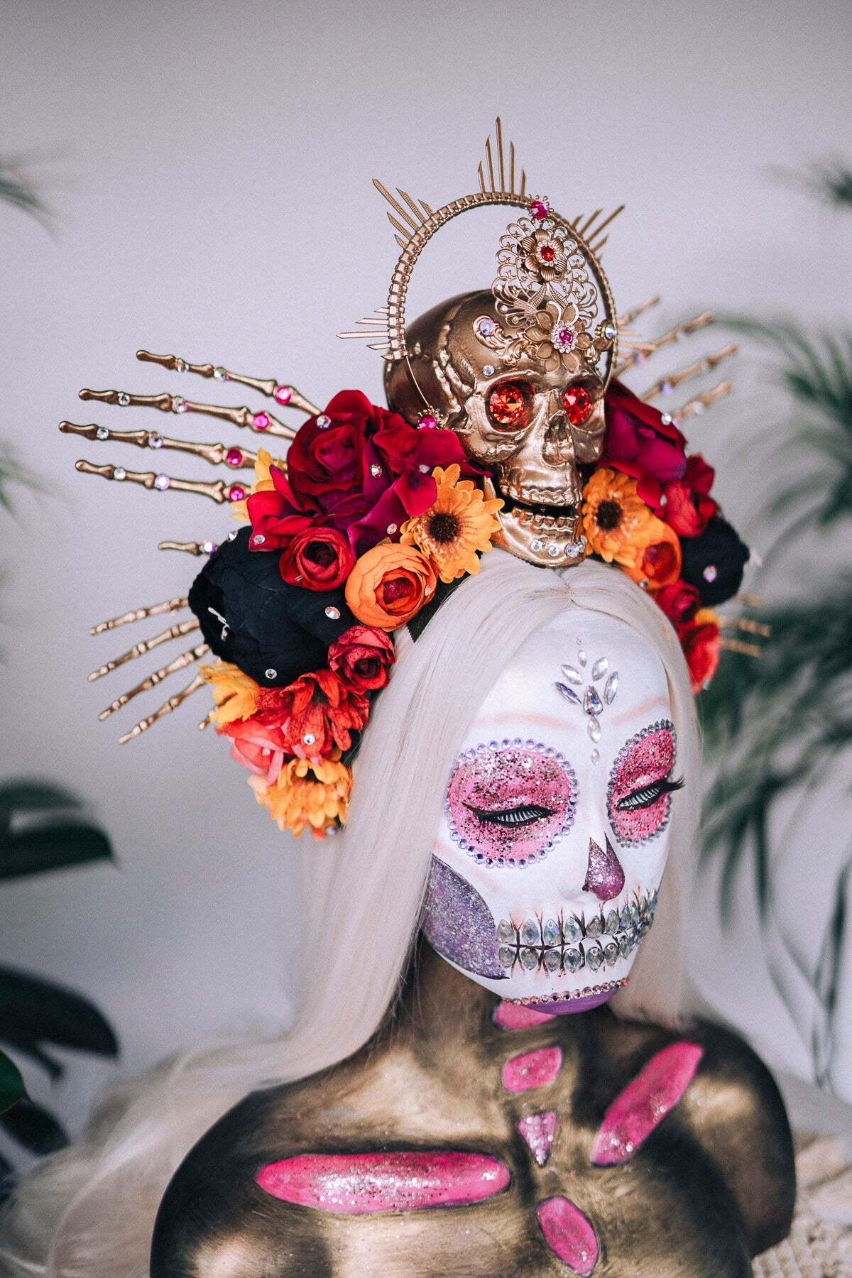 Red flower crown, Sugar skull, La Catrina flower crown, Halloween headband, Halloween costume, Flower headpiece, Day of the Dead headpiece