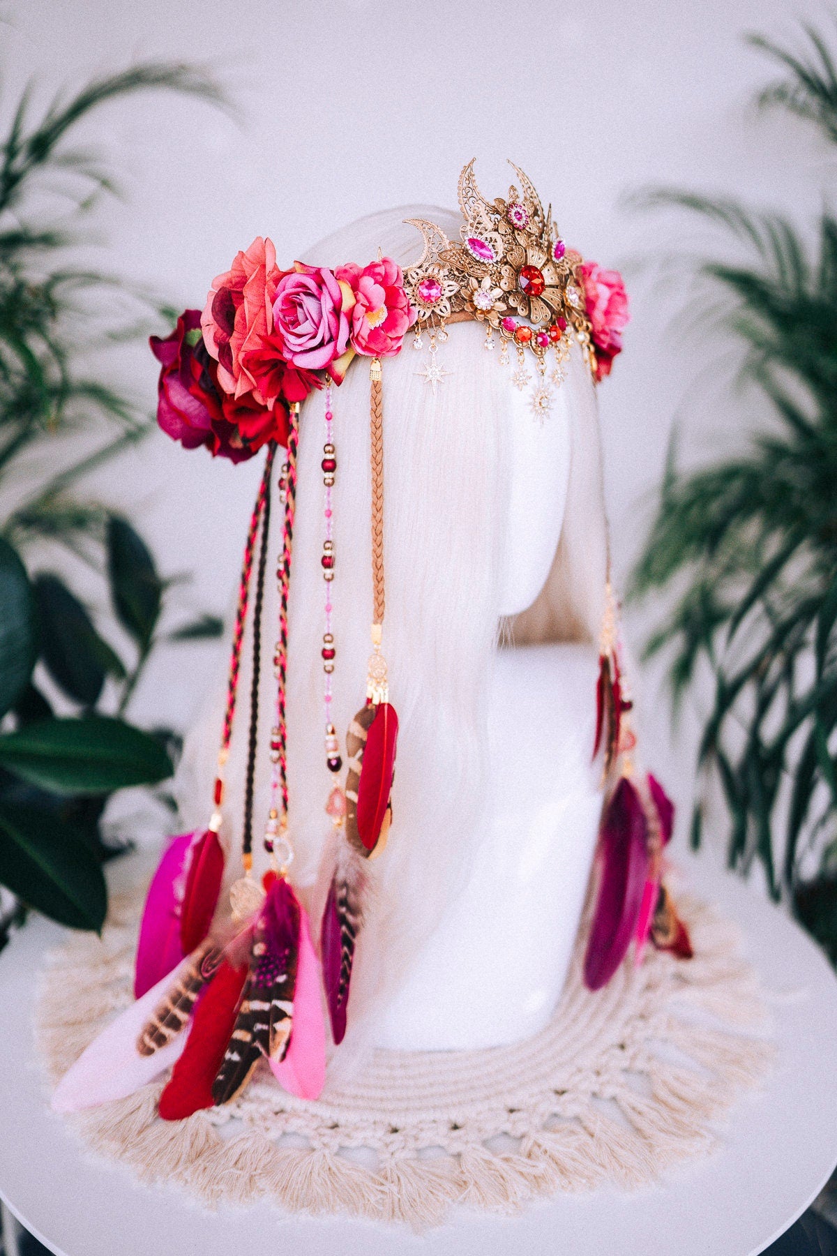 Boho crown, Festival crown, Festival headpiece, Feather crown, Bohemian fashion, Halloween, Pink Flower crown, Feather jewellery, Fairy