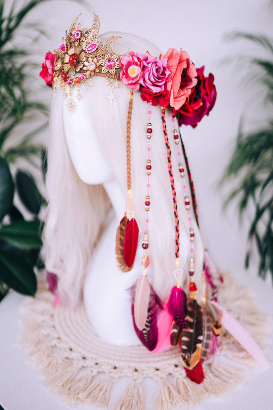 Boho crown, Festival crown, Festival headpiece, Feather crown, Bohemian fashion, Halloween, Pink Flower crown, Feather jewellery, Fairy