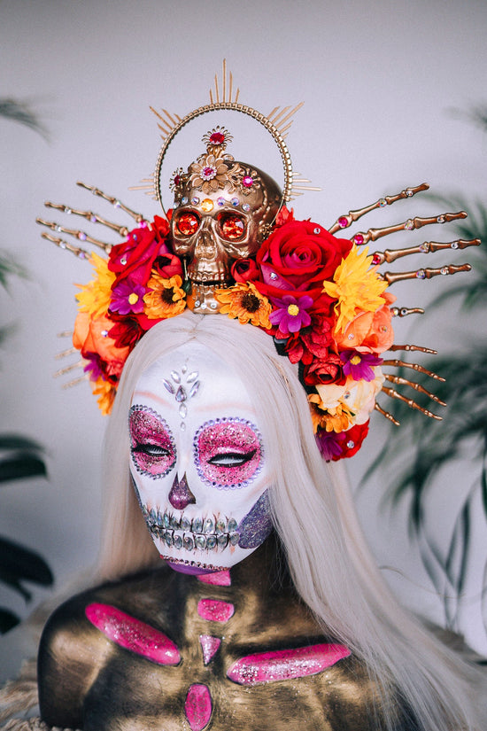 Red flower crown, Sugar skull, La Catrina flower crown, Halloween headband, Halloween costume, Flower headpiece, Day of the Dead headpiece