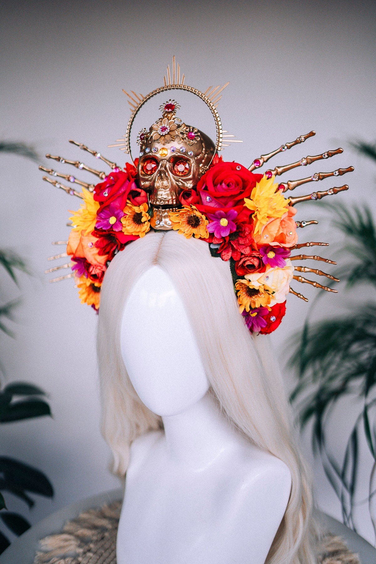 Red flower crown, Sugar skull, La Catrina flower crown, Halloween headband, Halloween costume, Flower headpiece, Day of the Dead headpiece