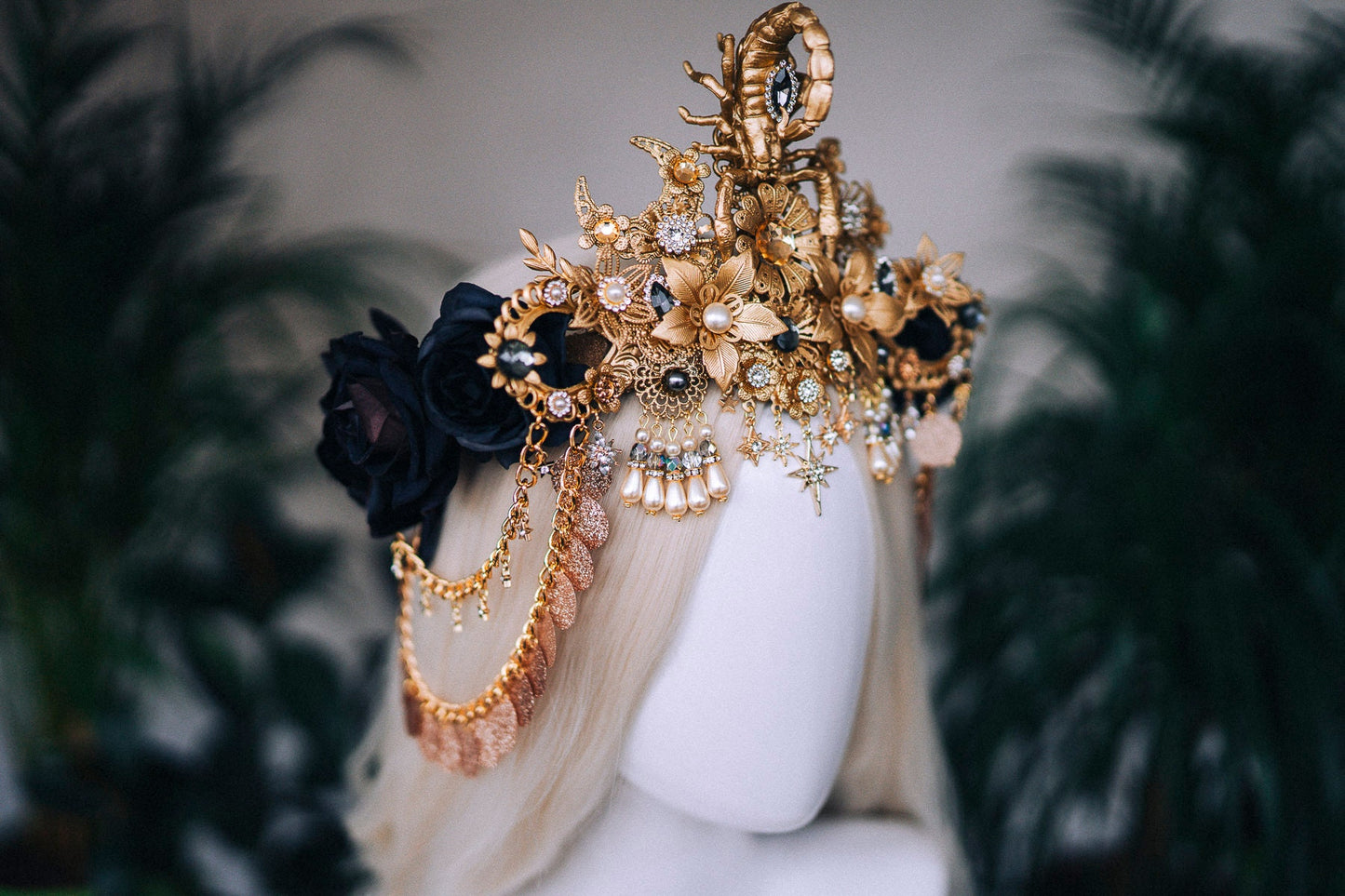 Scorpio crown, Zodiac Signs, Zodiac jewelry, Gold crown, Black flower crown, Gold Headpiece, Birthday crown, Festival crown, Flower crown