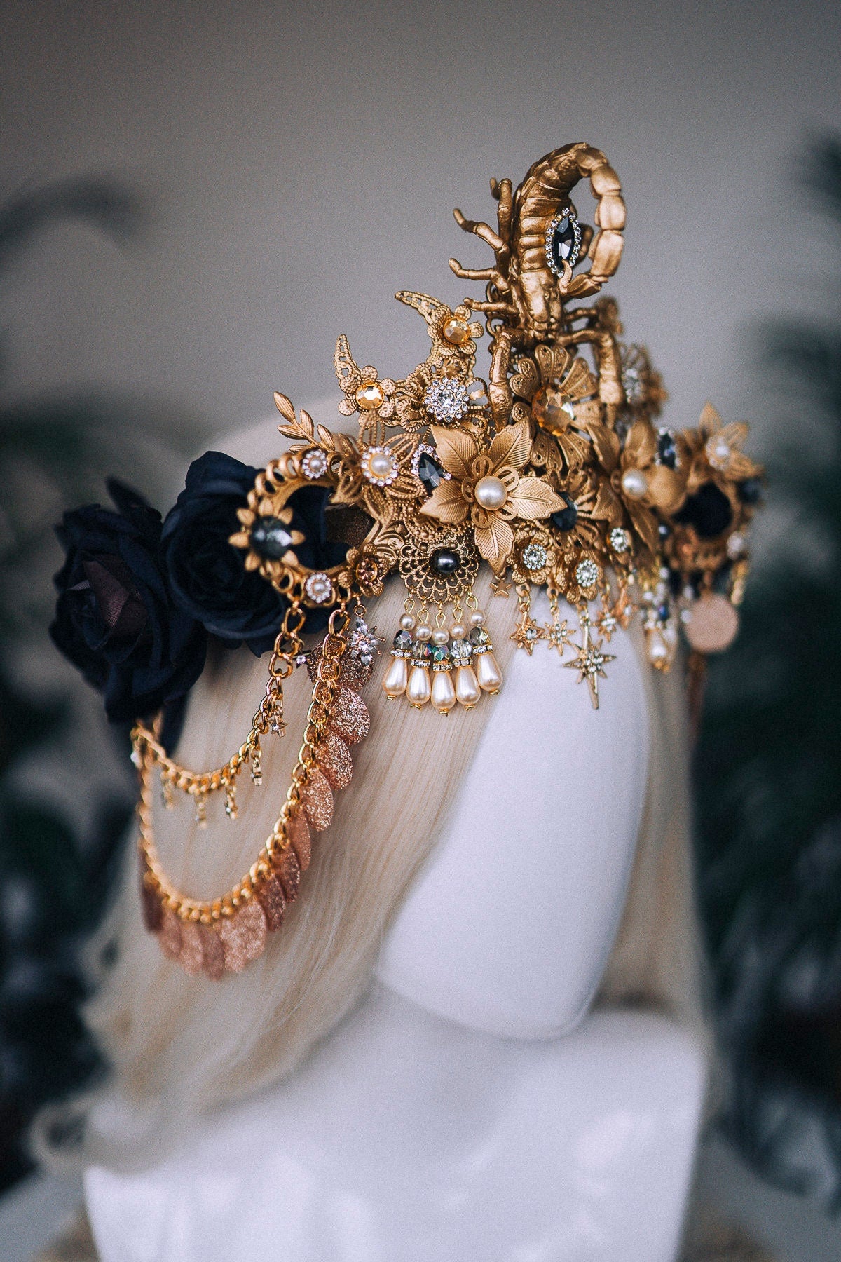 Scorpio crown, Zodiac Signs, Zodiac jewelry, Gold crown, Black flower crown, Gold Headpiece, Birthday crown, Festival crown, Flower crown