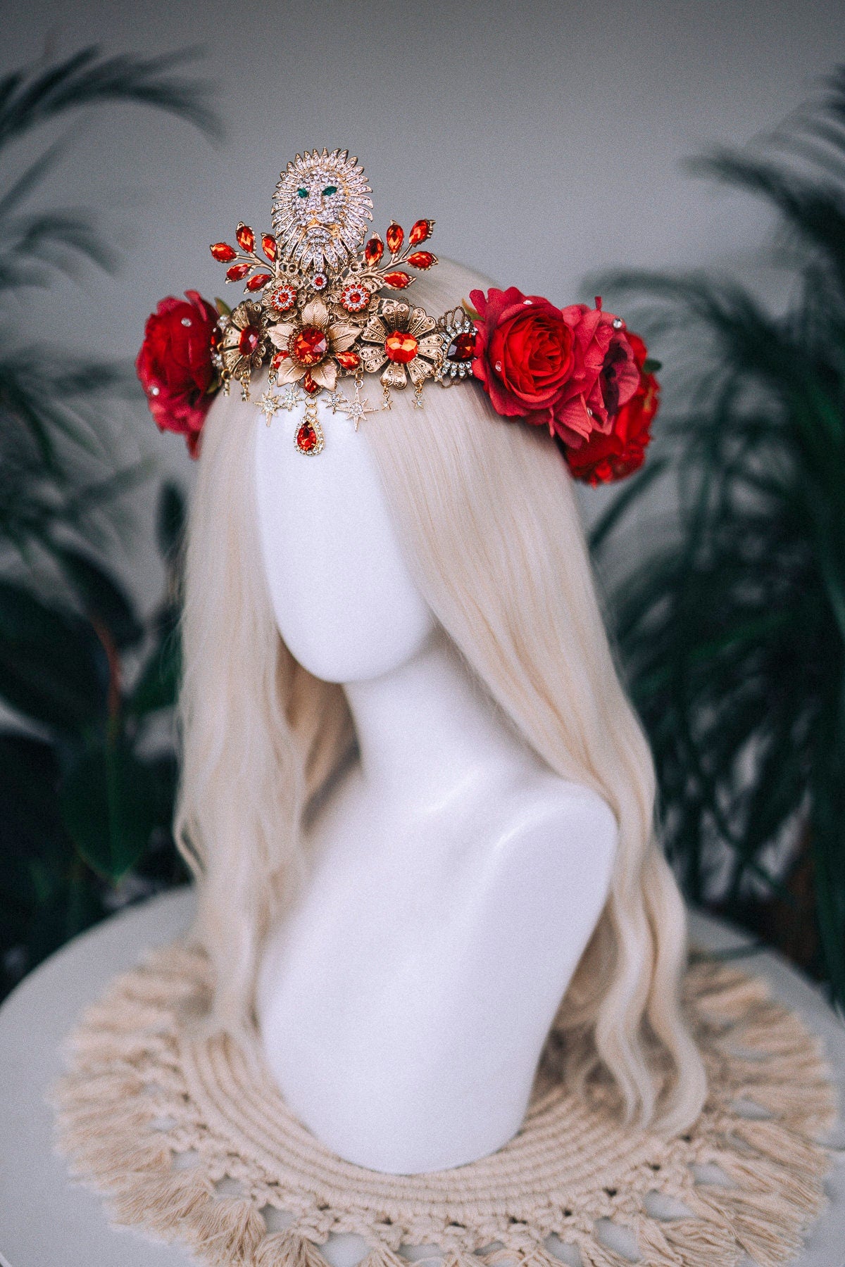 Leo Zodiac signs, Birthday headband, Gold crown, Red flower crown, Zodiac jewelry, Goddess crown, Leo jewelry, Astrology, Birthday crown