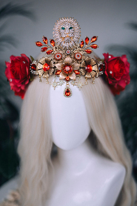 Leo Zodiac signs, Birthday headband, Gold crown, Red flower crown, Zodiac jewelry, Goddess crown, Leo jewelry, Astrology, Birthday crown