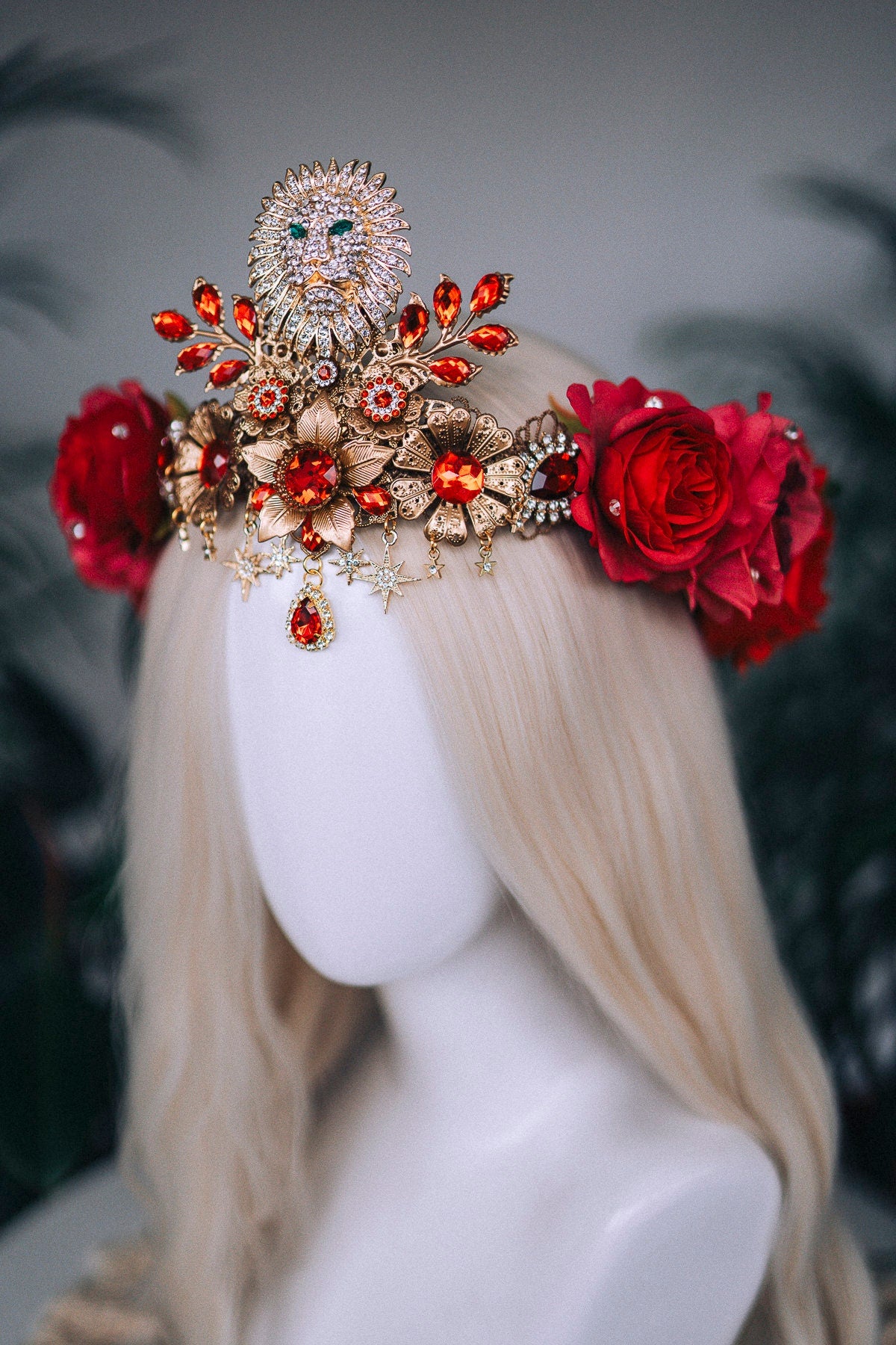 Leo Zodiac signs, Birthday headband, Gold crown, Red flower crown, Zodiac jewelry, Goddess crown, Leo jewelry, Astrology, Birthday crown