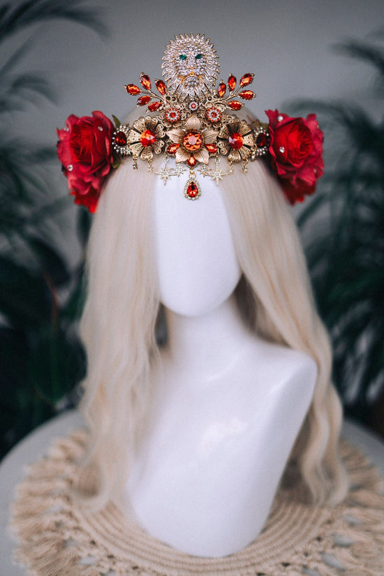 Leo Zodiac signs, Birthday headband, Gold crown, Red flower crown, Zodiac jewelry, Goddess crown, Leo jewelry, Astrology, Birthday crown