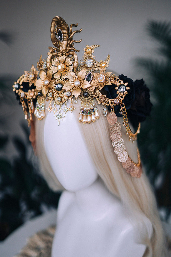 Scorpio crown, Zodiac Signs, Zodiac jewelry, Gold crown, Black flower crown, Gold Headpiece, Birthday crown, Festival crown, Flower crown