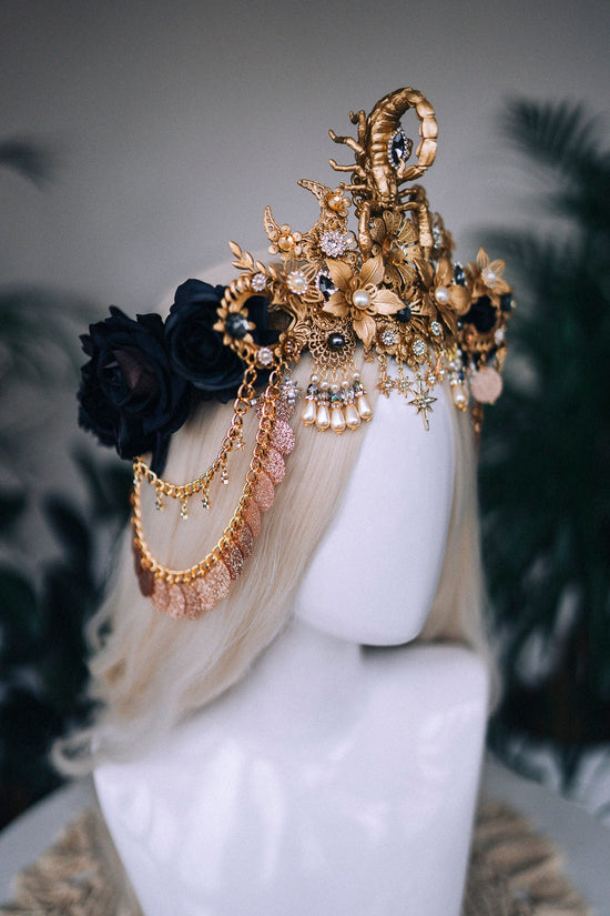 Scorpio crown, Zodiac Signs, Zodiac jewelry, Gold crown, Black flower crown, Gold Headpiece, Birthday crown, Festival crown, Flower crown