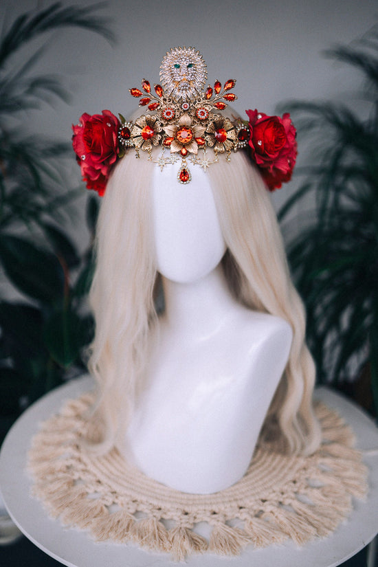 Leo Zodiac signs, Birthday headband, Gold crown, Red flower crown, Zodiac jewelry, Goddess crown, Leo jewelry, Astrology, Birthday crown