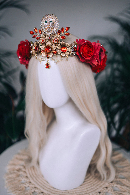 Leo Zodiac signs, Birthday headband, Gold crown, Red flower crown, Zodiac jewelry, Goddess crown, Leo jewelry, Astrology, Birthday crown