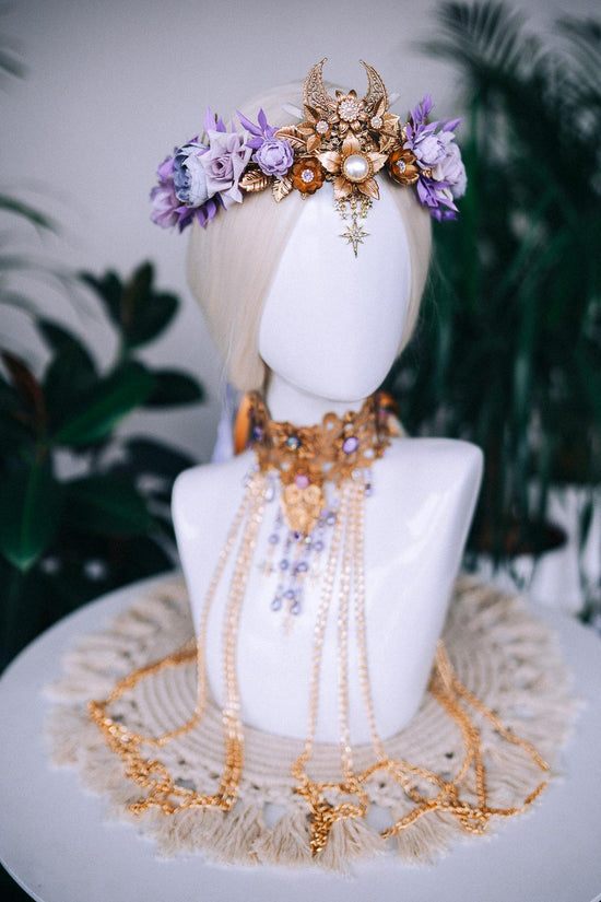 Lavender flower crown, Fairy crown, Purple flower crown, Flower crown, Necklace, Choker, Gold necklace, Boho jewelry, Wedding crown