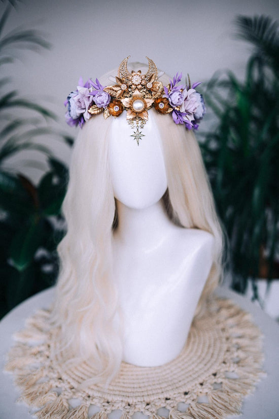 Lavender flower crown, Fairy crown, Purple flower crown, Flower crown, Necklace, Choker, Gold necklace, Boho jewelry, Wedding crown