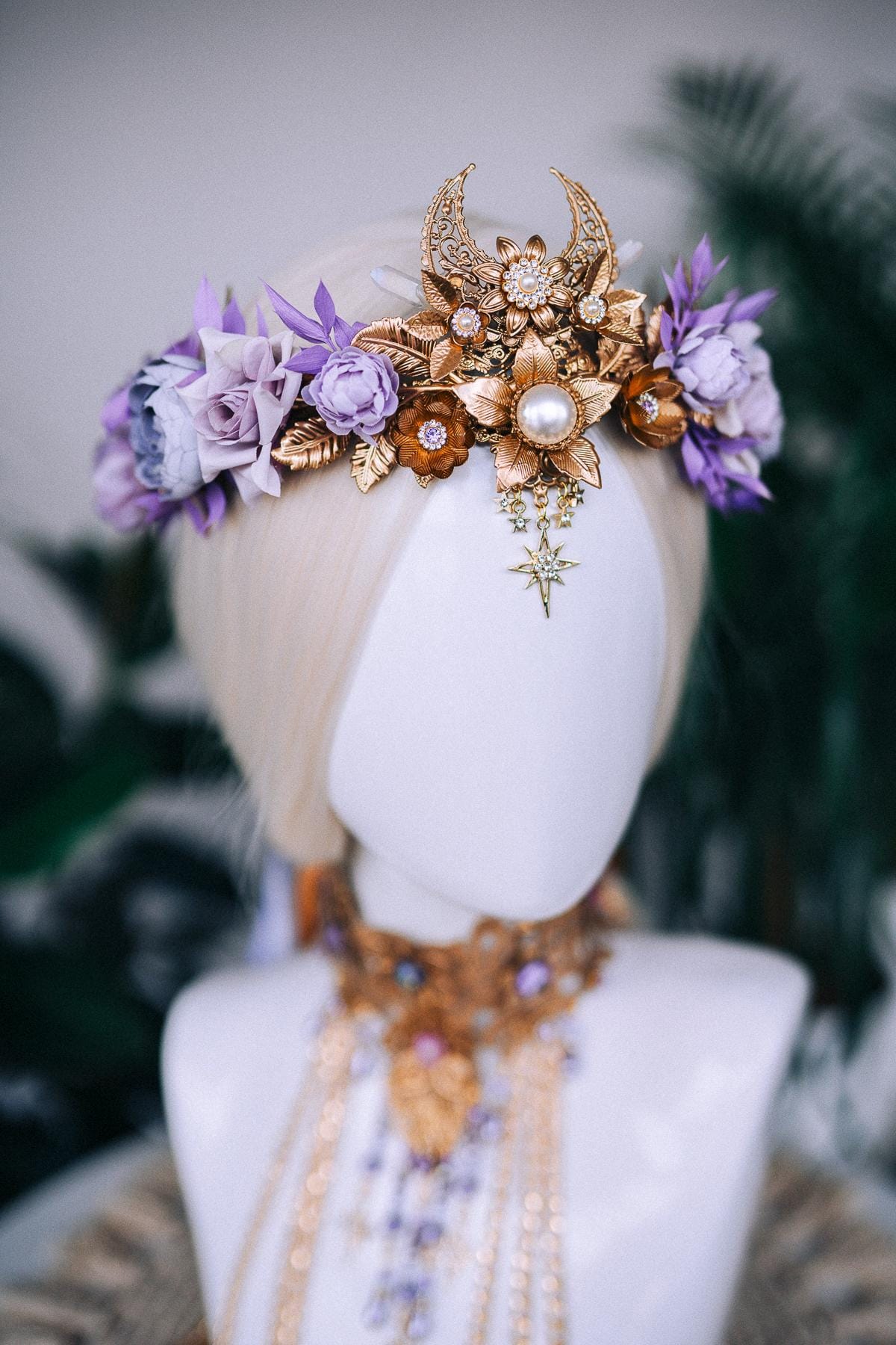 Lavender flower crown, Fairy crown, Purple flower crown, Flower crown, Necklace, Choker, Gold necklace, Boho jewelry, Wedding crown