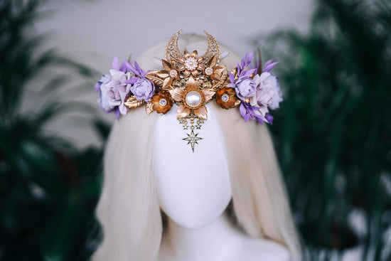 Lavender flower crown, Fairy crown, Purple flower crown, Flower crown, Necklace, Choker, Gold necklace, Boho jewelry, Wedding crown