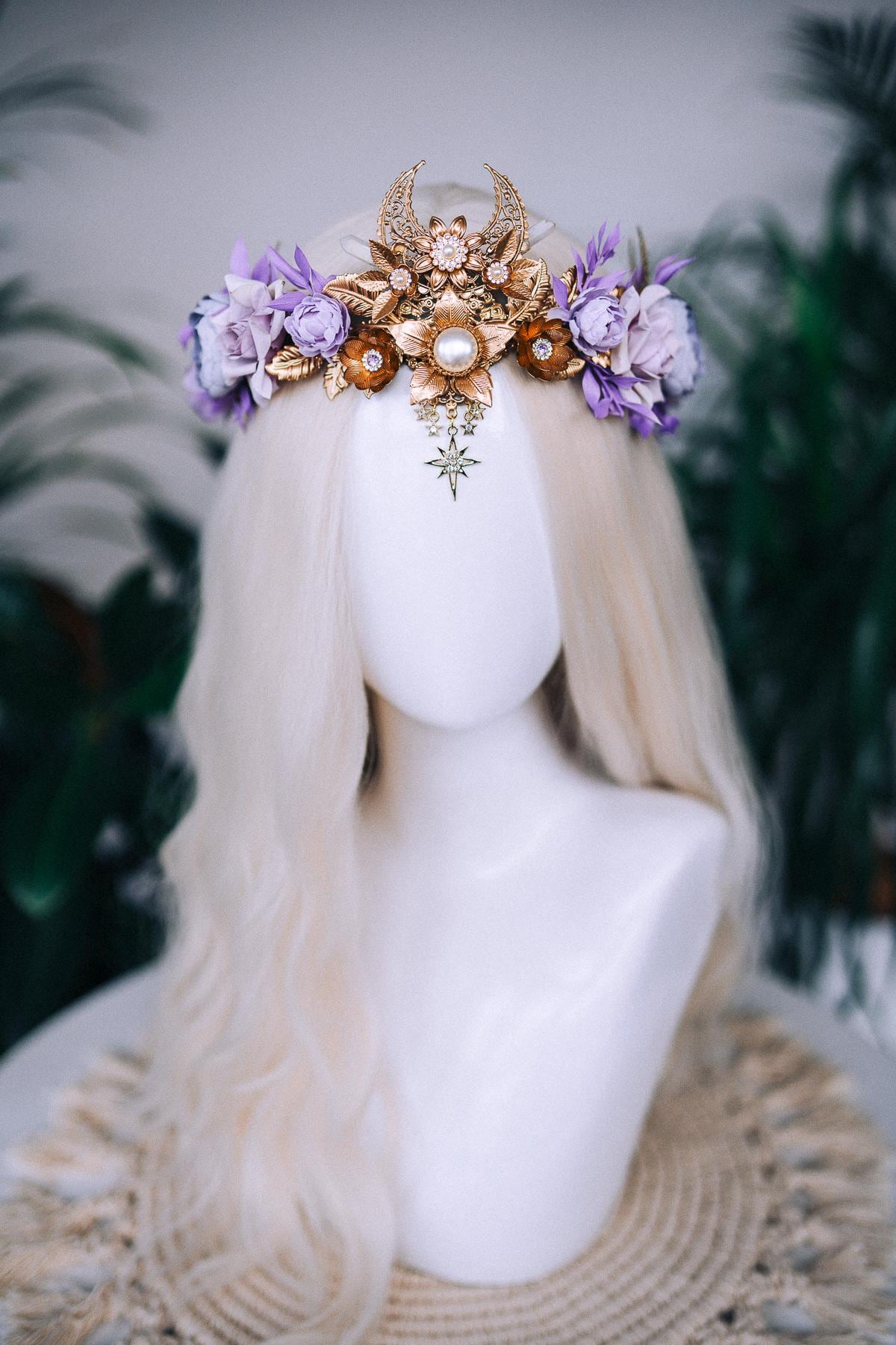 Lavender flower crown, Fairy crown, Purple flower crown, Flower crown, Necklace, Choker, Gold necklace, Boho jewelry, Wedding crown