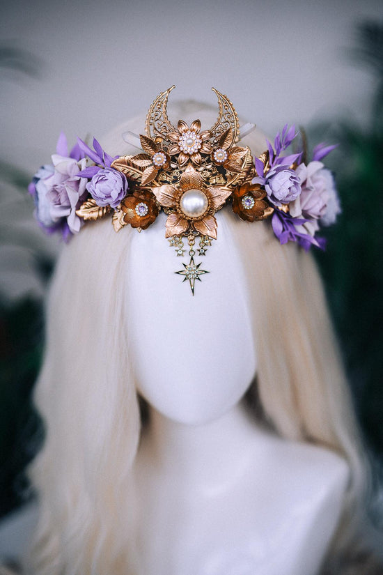 Lavender flower crown, Fairy crown, Purple flower crown, Flower crown, Necklace, Choker, Gold necklace, Boho jewelry, Wedding crown