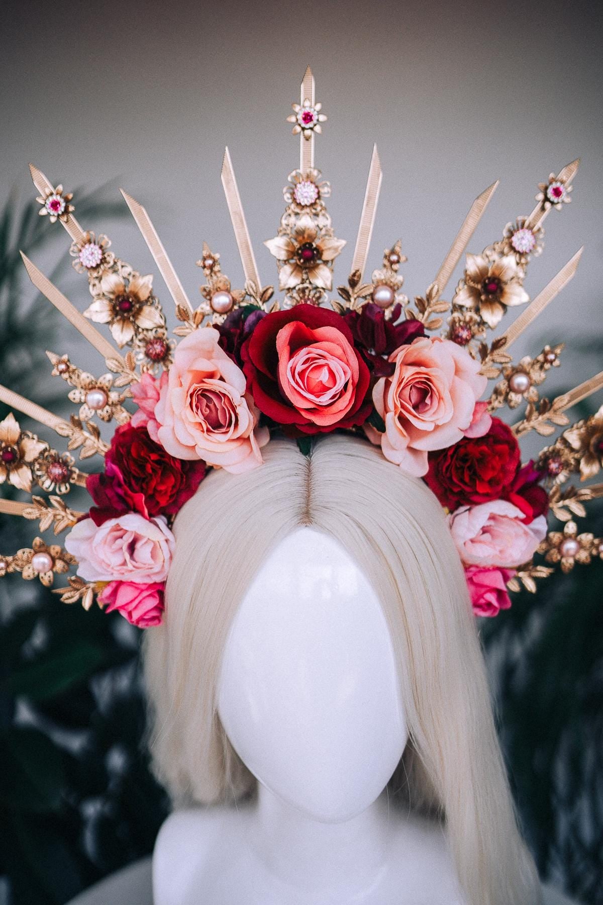 Flower halo crown, Red flower crown, Gold goddess headpiece, Wedding crown, Bridal headpiece, Gold crown, Gold halo crown