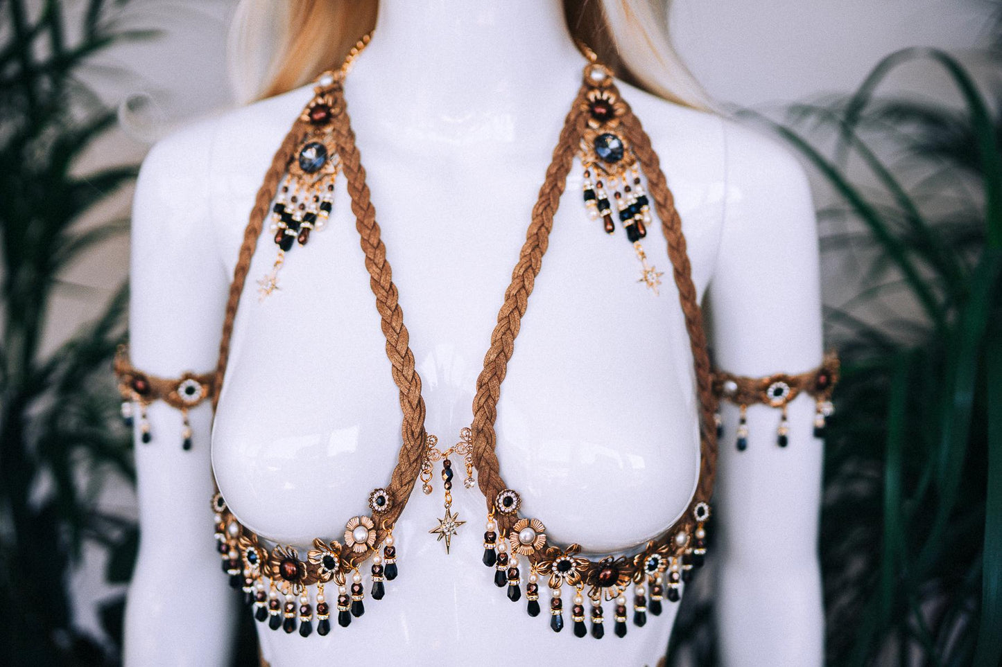 Gold faux leather bra, Festival top, Festival bra, Boho jewelry, Festival outfit, Shaman jewelry, Halloween costume, Rave outfit