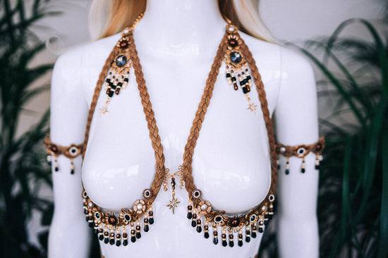 Gold faux leather bra, Festival top, Festival bra, Boho jewelry,  Festival outfit, Shaman jewelry, Halloween costume, Rave outfit