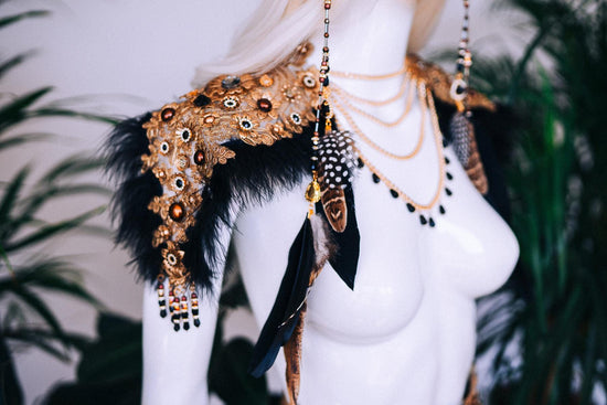 Divine necklace, Celestial necklace, Gold necklace, Festival necklace, Harness, Feather necklace, Halloween, Tribal outfit, Shaman costume