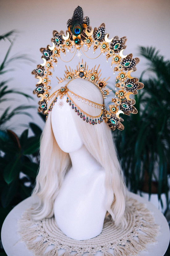 Boho jewelry, Festival crown, Festival headpiece, Gold halo crown, Goddess crown, Halloween, Shaman crown, Celestial crown, Divine jewelry