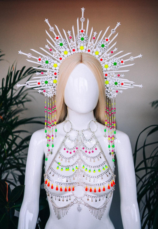 Silver festival harness, Festival wear, Halloween costume, Silver harness, Silver body chain, Divine, Celestial, Goddess, Neon rave harness