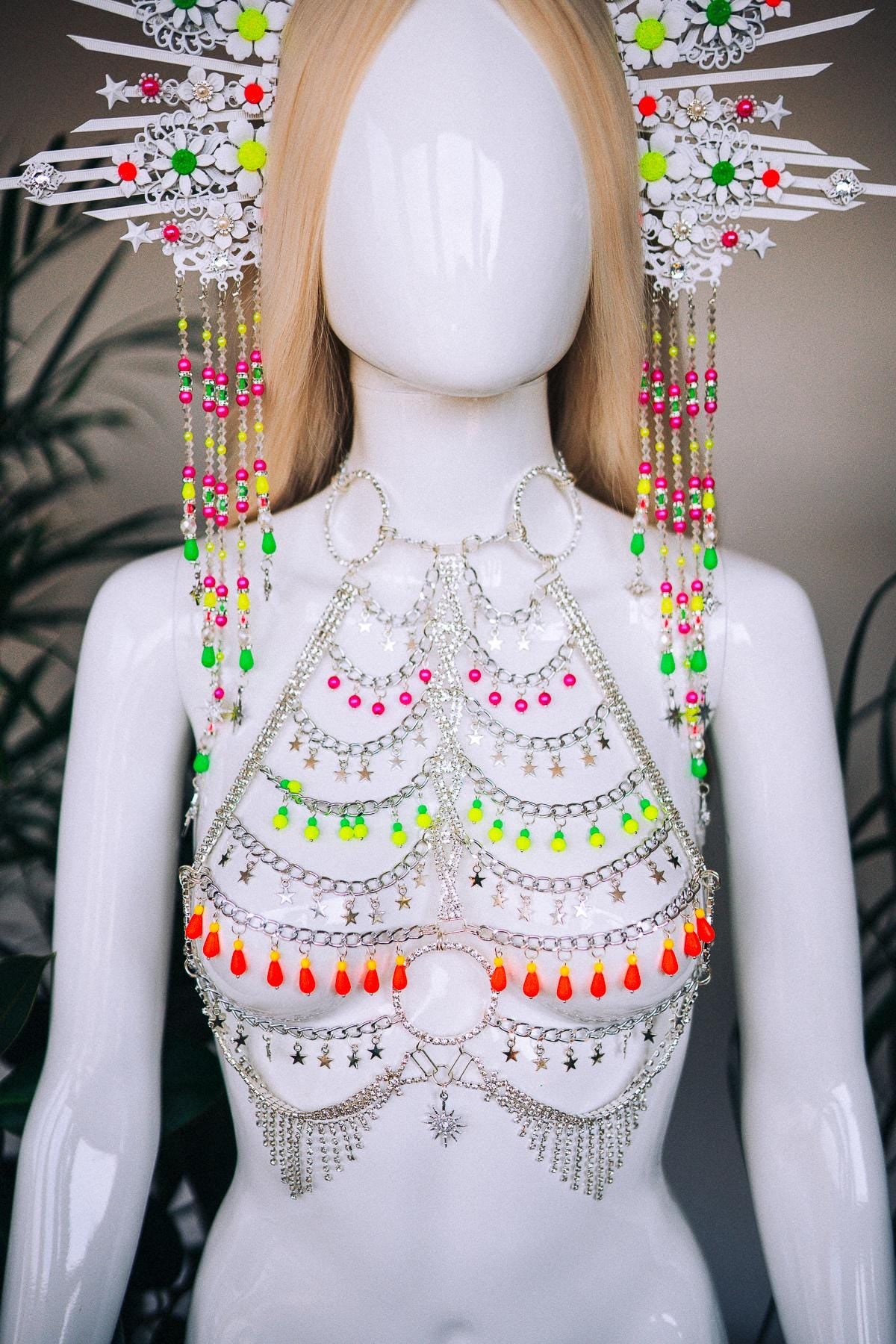 Silver festival harness, Festival wear, Halloween costume, Silver harness, Silver body chain, Divine, Celestial, Goddess, Neon rave harness