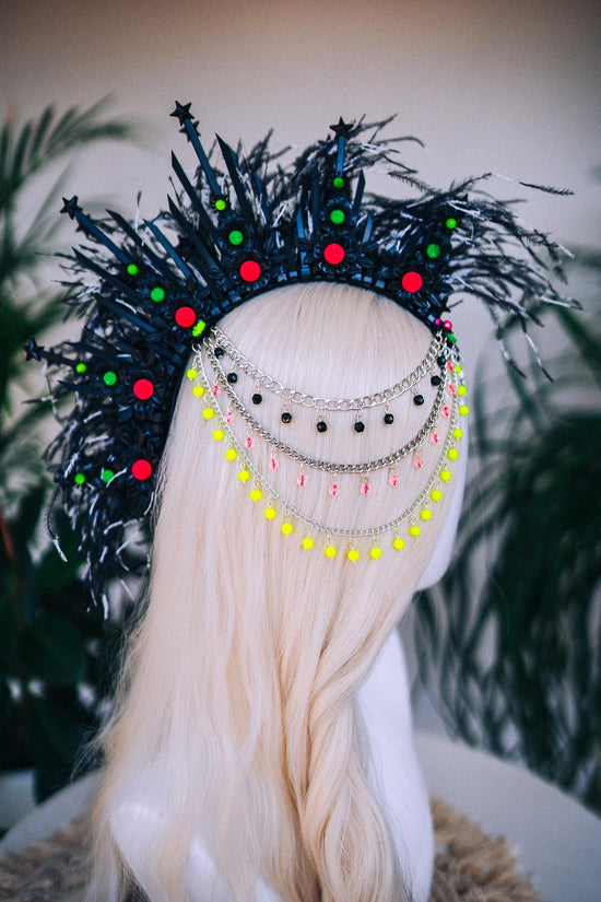 Neon black halo crown, Festival crown, Rainbow festival crown, Halo crown, Halo Headband, Rave outfit, UV active crown, Colorful halo crown