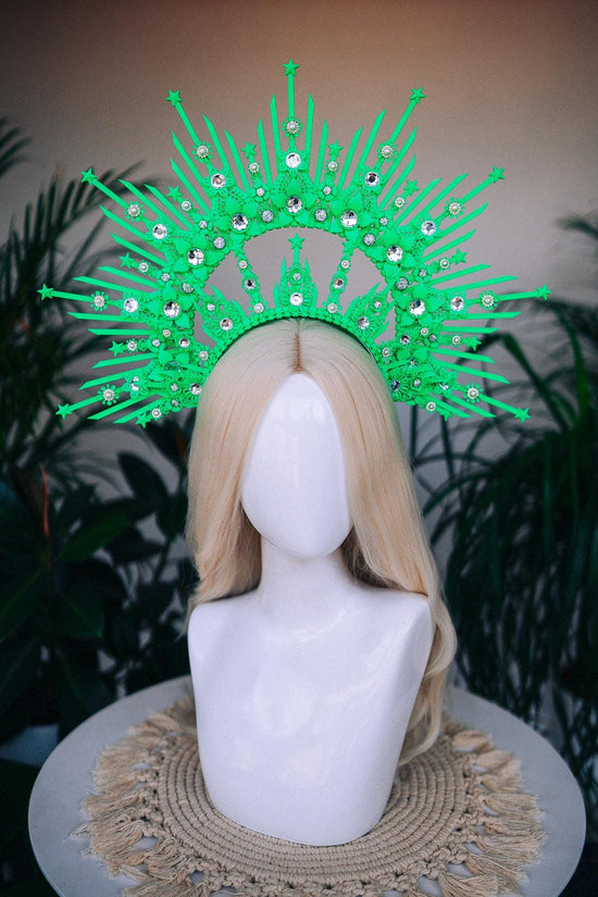 Neon green halo crown, Festival crown, Rainbow festival crown, Halo crown, Halo Headband, Rave outfit, UV active crown, Colorful halo crown