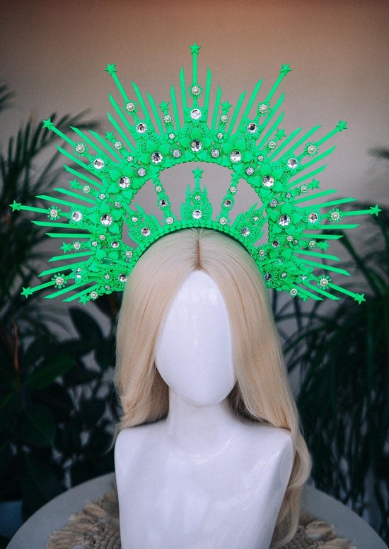 Neon green halo crown, Festival crown, Rainbow festival crown, Halo crown, Halo Headband, Rave outfit, UV active crown, Colorful halo crown