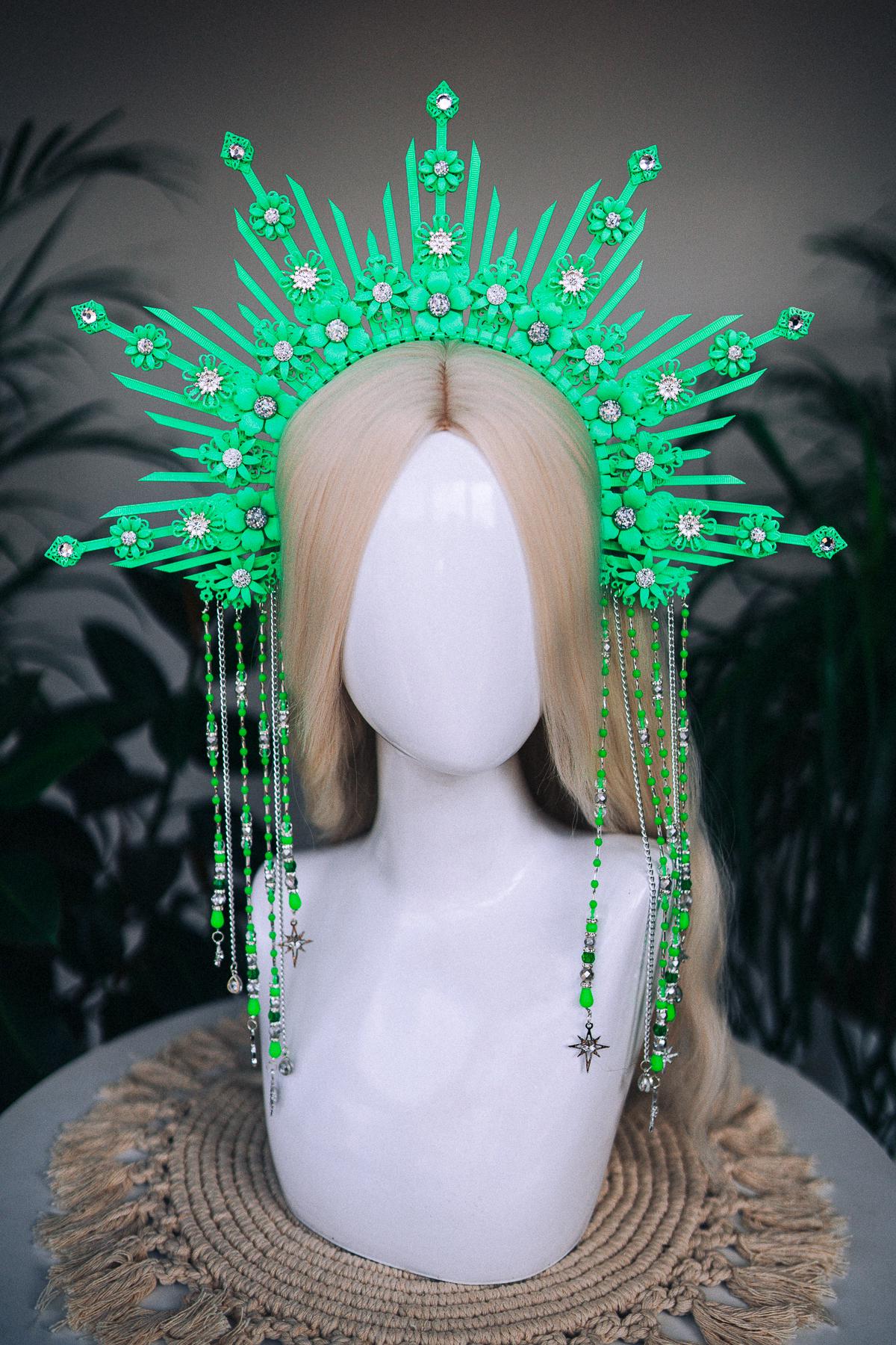 Neon green halo crown, Festival crown, Rainbow festival crown, Halo crown, Halo Headband, Rave outfit, UV active crown, Colorful halo crown