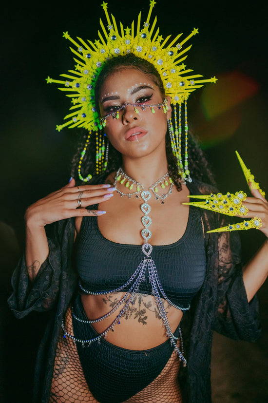 Neon yellow festival harness, Festival wear, Halloween costume, Silver harness, Silver body chain, Celestial, Goddess, Neon rave harness