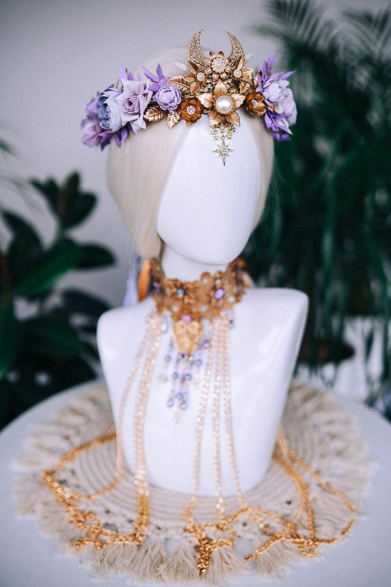 Lavender flower crown, Fairy crown, Purple flower crown, Flower crown, Necklace, Choker, Gold necklace, Boho jewelry, Wedding crown